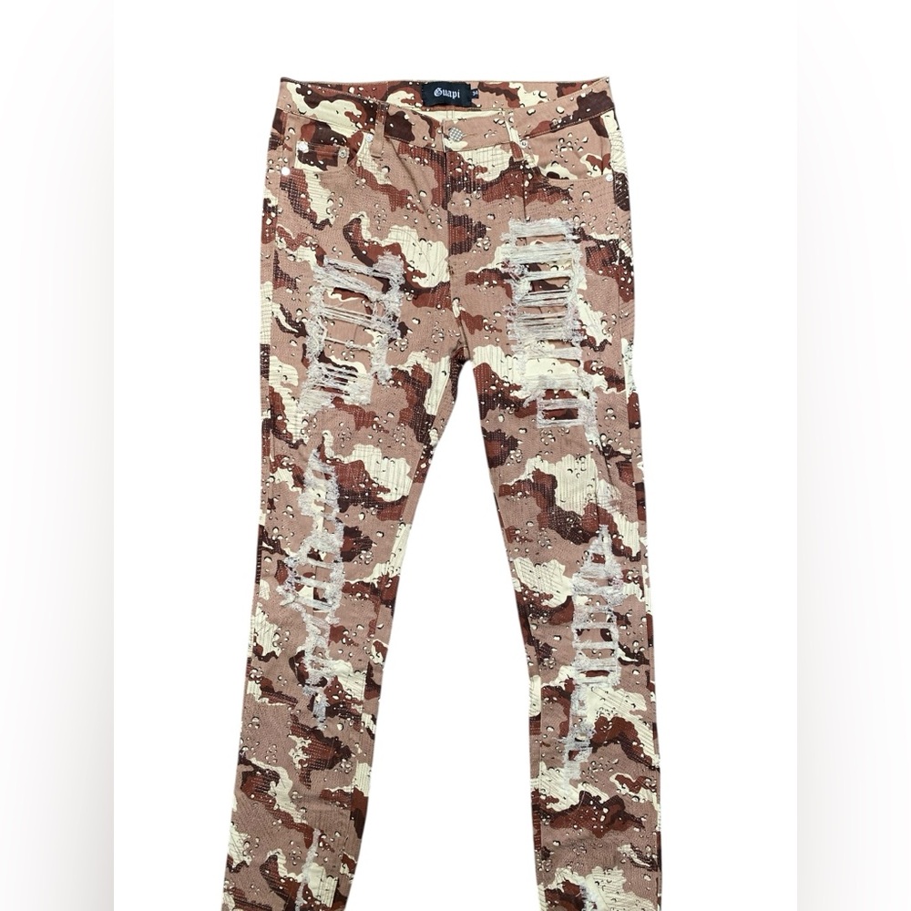 Guapi NWNT Jeans Mens 34 Brown Camo Distressed Slim Stacked Paint Splatter